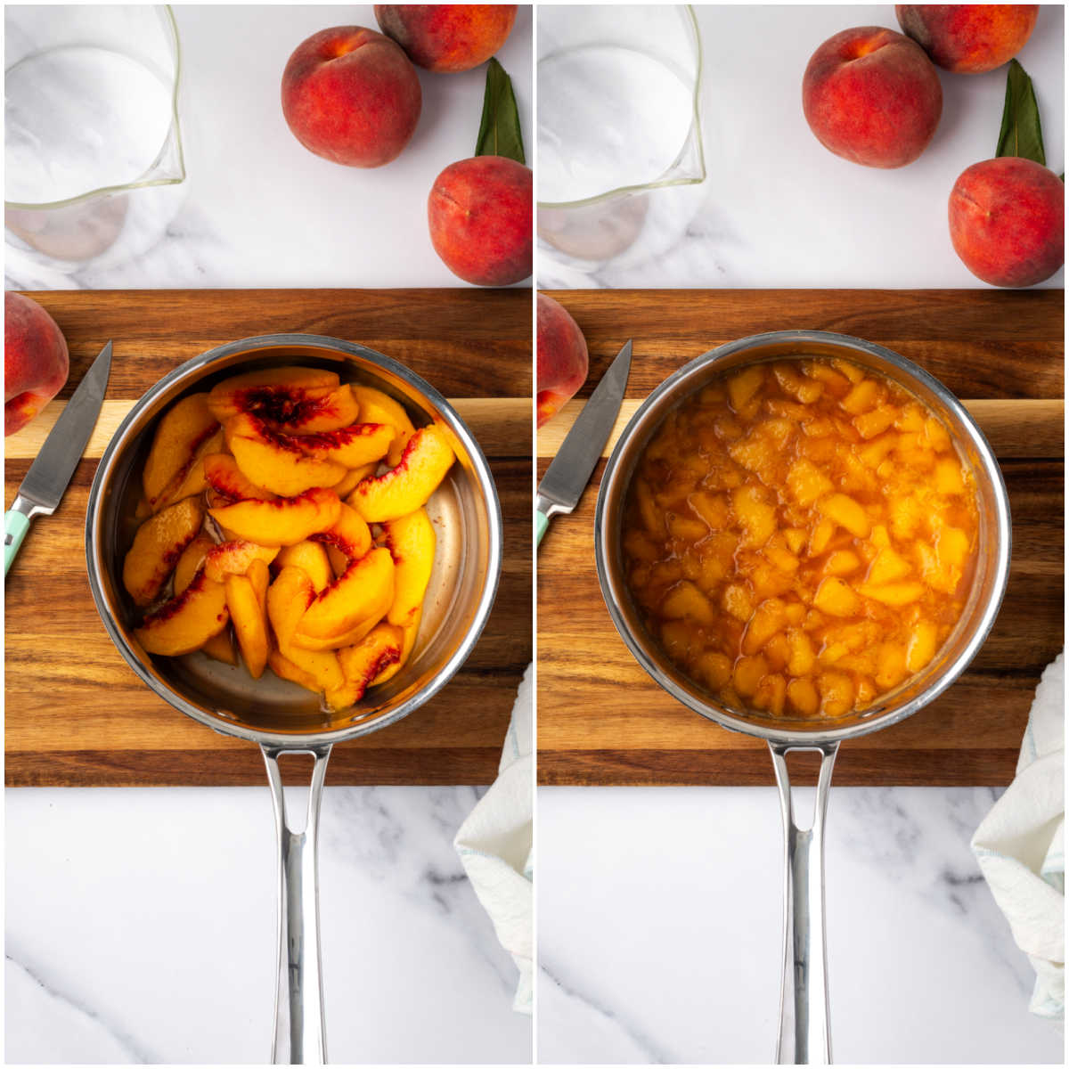 Step images of fresh peaches cooking down in stainless steel saucepan on wood cutting board.