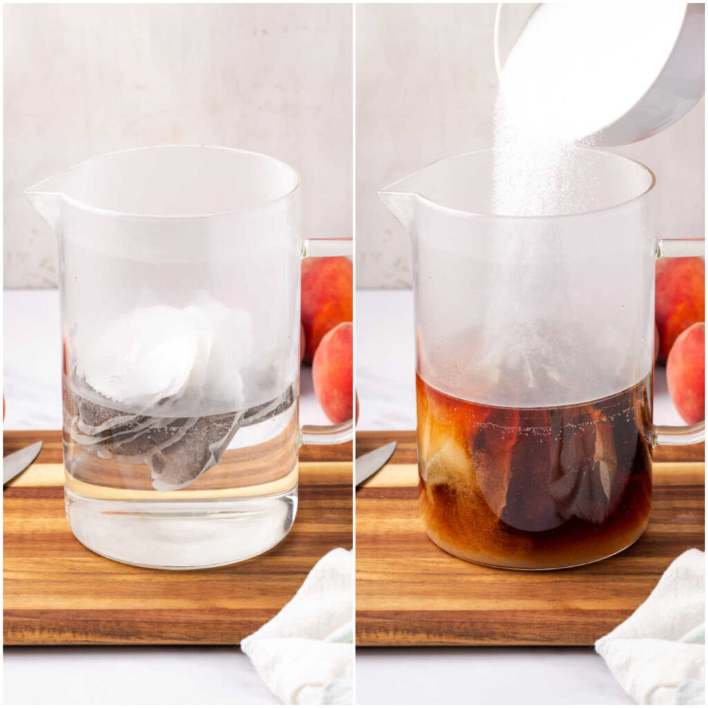 Step images steeping tea bags in glass pouring pitcher.
