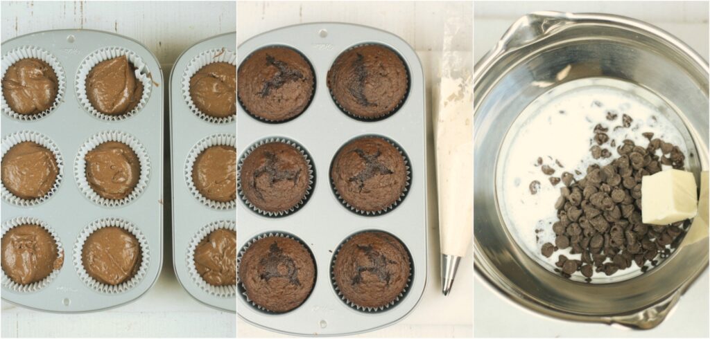 steps of chocolate cupcakes being made