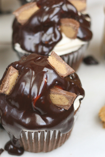 Chocolate cupcakes with peanut butter frosting and chocolate ganache