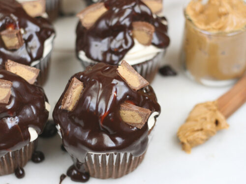 Chocolate cupcakes with peanut butter frosting and chocolate ganache