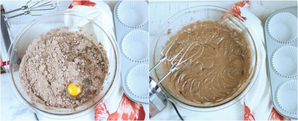 Mixing the cake mix with an electric mixer in a clear glass pyrex mixing bowl