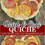 Quiche with slices of tomatoes in cast iron skillet.
