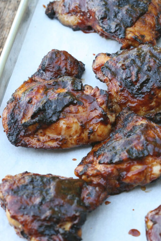 Barbecue chicken on sheet pan with homemade barbecue sauce