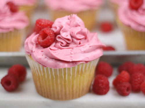 Lemon cupcake with raspberry frosting and fresh raspberries around it