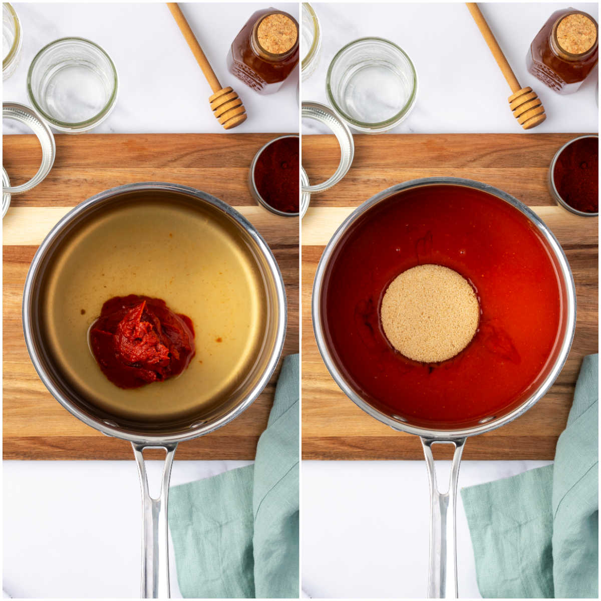 Step images making BBQ sauce in small saucepan.