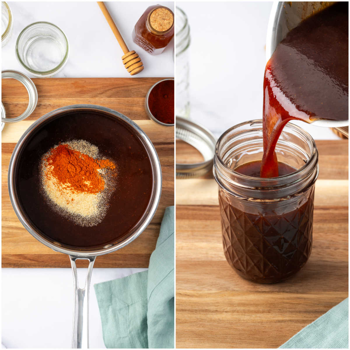 Step images adding spices to barbecue sauce in small saucepan, pouring into jelly jar.