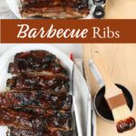 Barbedcue pork ribs on a serving plate with barbecue sauce