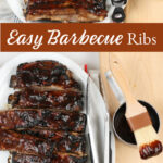 ribs cut up on a serving plate basted barbecue ribs