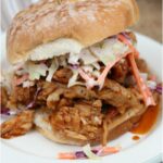 pulled pork sandwich with coleslaw on a roll