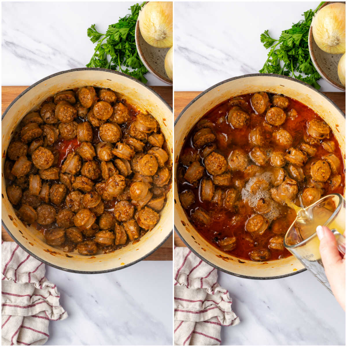 Sausage cut into pieces in Dutch oven, hand pouring in chicken broth.