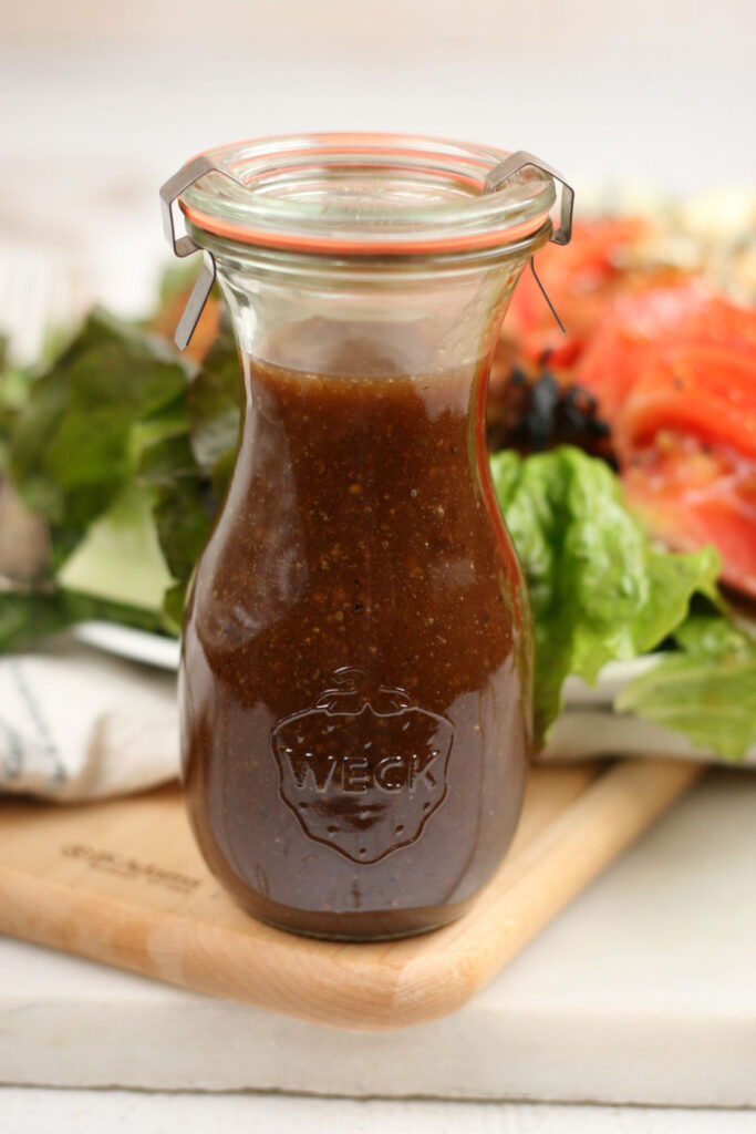 glass jar with maple balsamic dressing