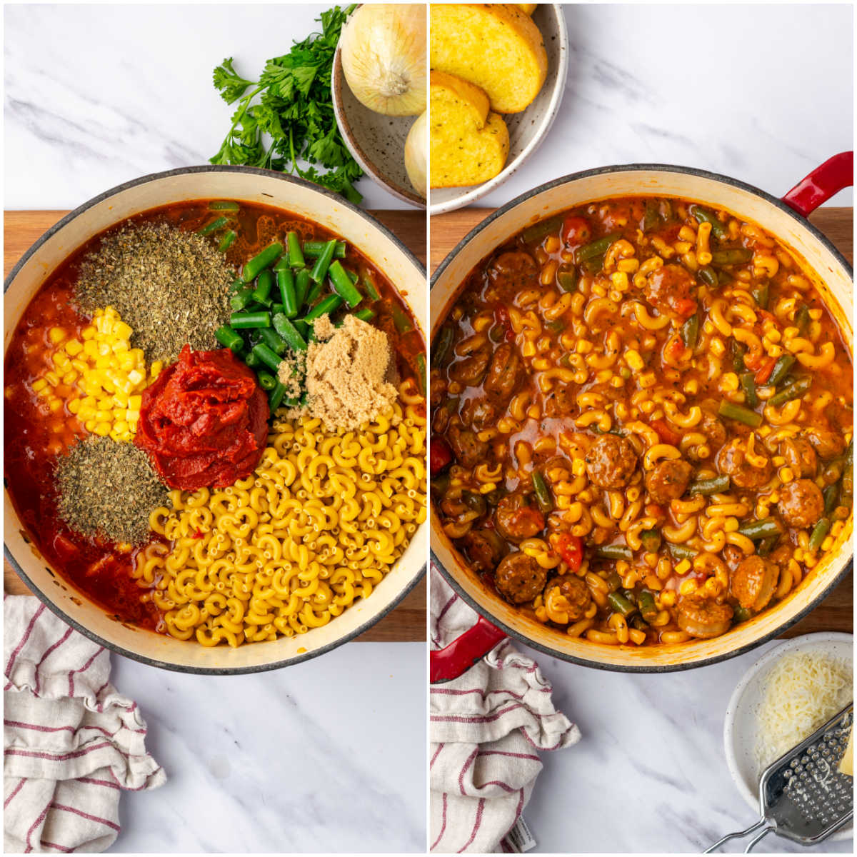 Step images making sausage vegetable soup in red Dutch oven.