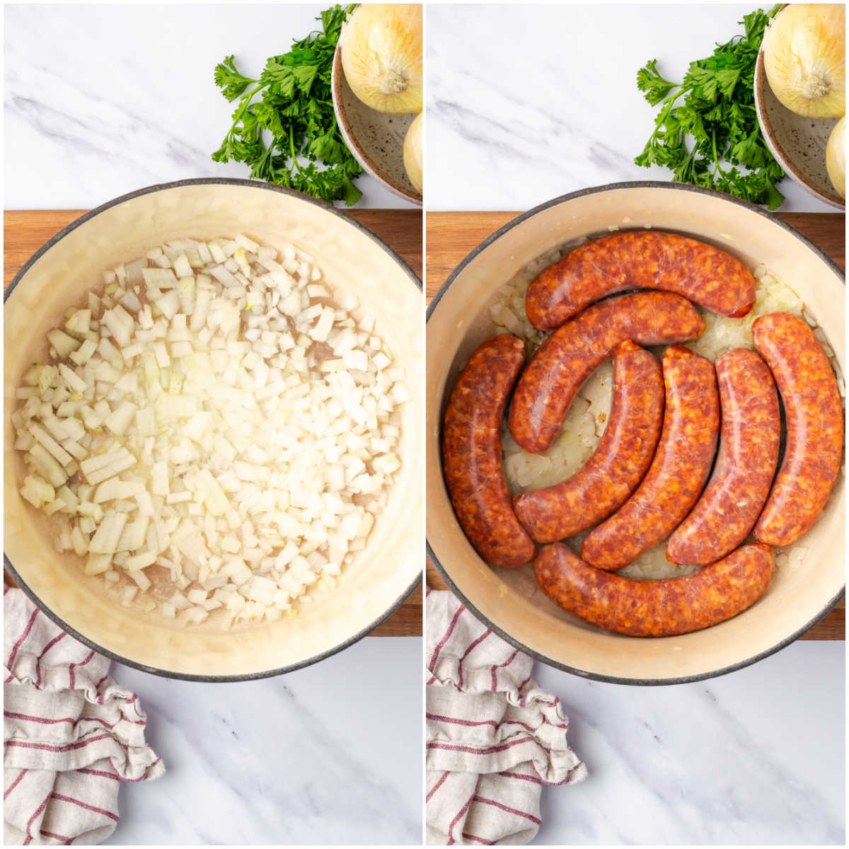 Step images cooking onions and browning sausage in Dutch oven.