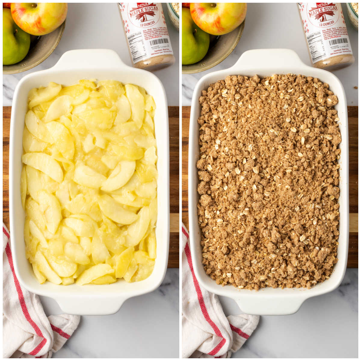Step images adding crumb topping to apples in white ceramic baking dish.
