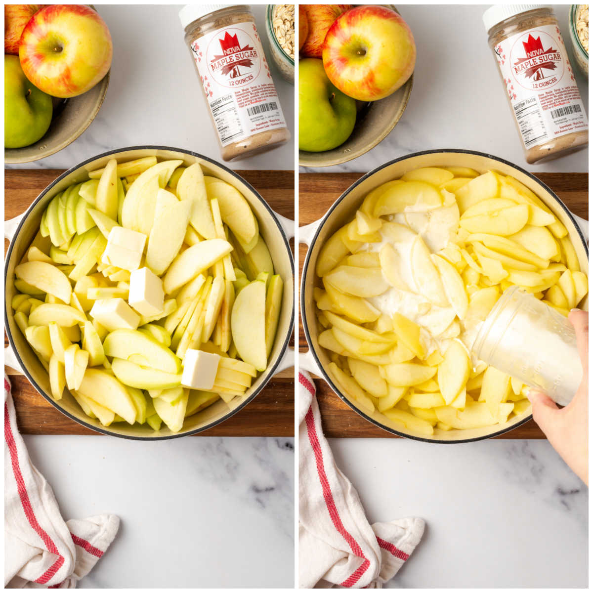 Step images making apple pie filling in white enamelware Dutch oven.