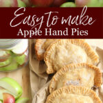 apple hand pies on wooden cutting board, red and green apples around.