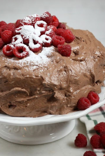 chocolate frosting on chocolate cake with fresh raspberries on top