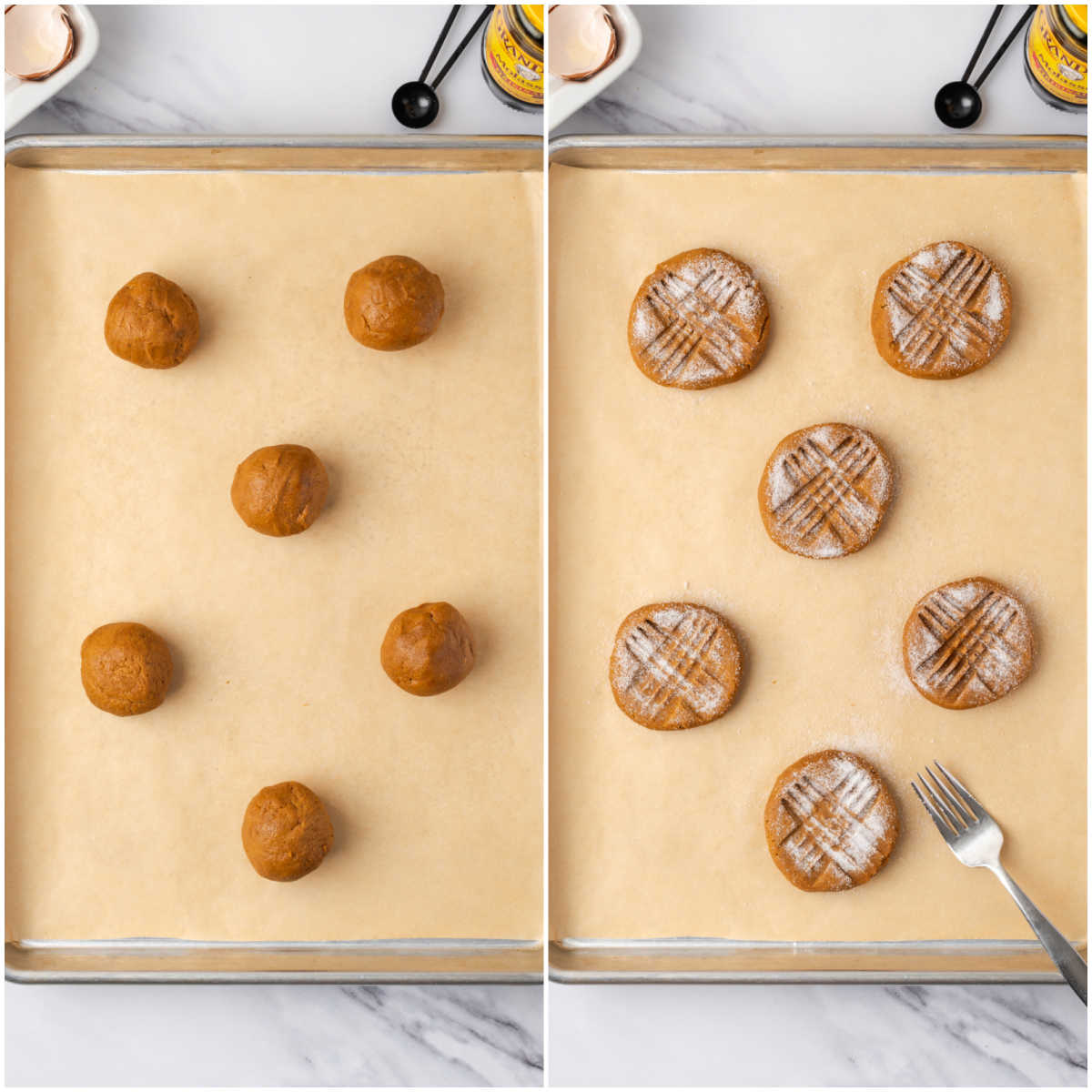 Cookie rounds on sheet pan, making fork marks on cookie dough.
