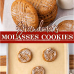 Molasses cookies on sheet pan, pressing fork marks.