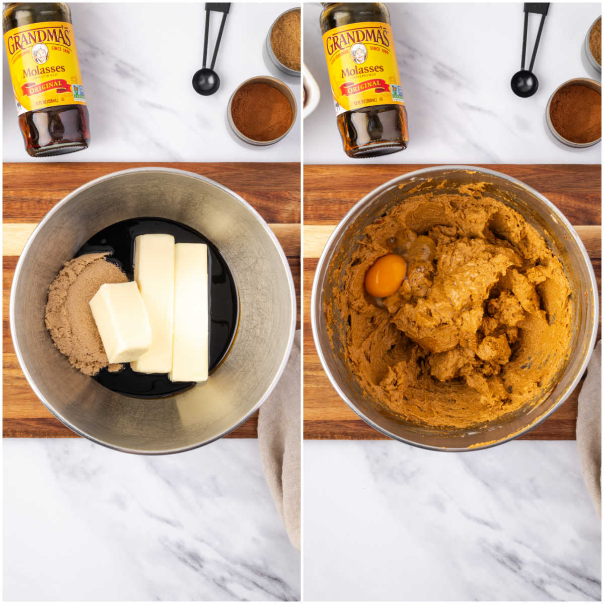 Creaming butter and brown sugar for cookie dough in mixing bowl.