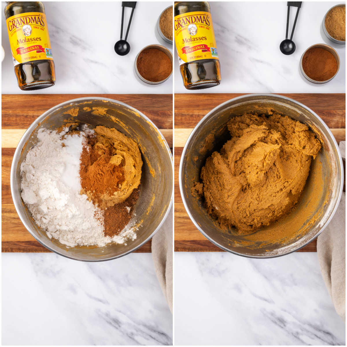Cookie dough being made in mixing bowl.
