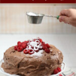 Chocolate cake topped with fresh raspberries and powdered sugar on white footed cake dish