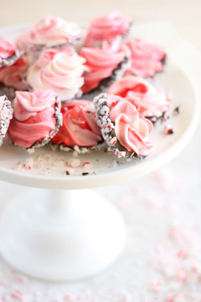 meringues dipped in chocolate, rolled in crushed peppermint candies