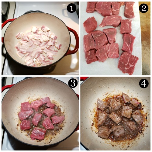 step images showing how to make old fashioned beef stew in Dutch oven
