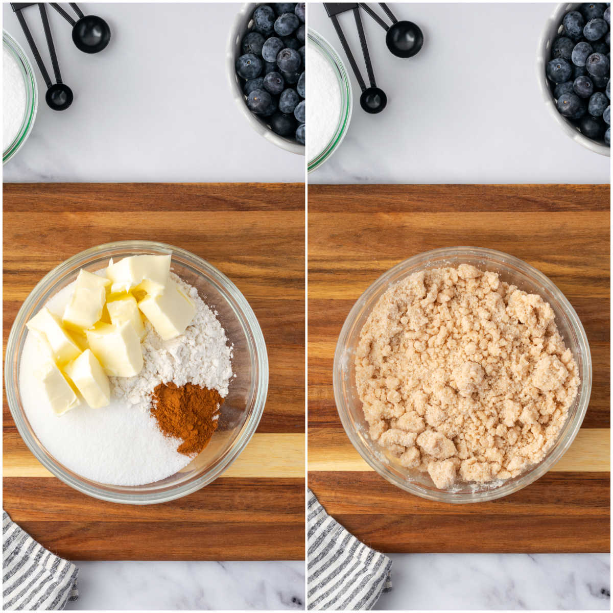 Mixing butter, flour, sugar and cinnamon for crumb topping in clear glass bowl.