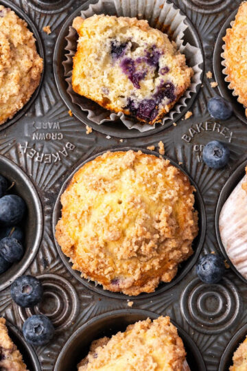 Blueberry muffins in vintage muffin baking pan.