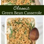 green bean casserole in white rectangle baking dish