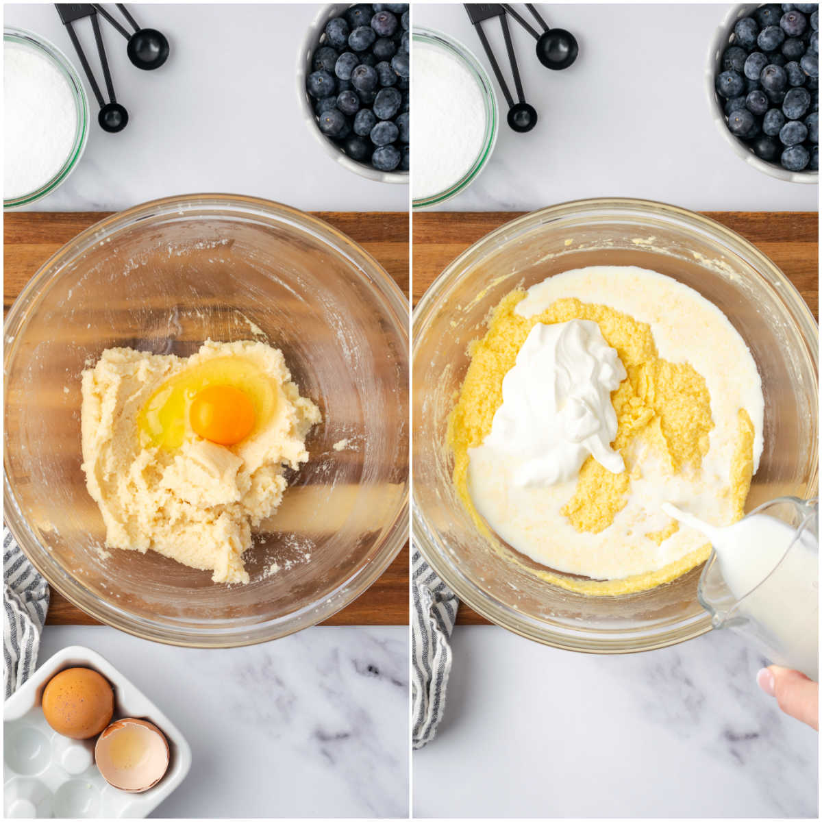 Making muffin batter in clear glass bowl on wood cutting board.