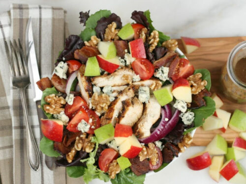 garden salad with sliced grilled chicken, chunks of apples, blue cheese, walnuts, and red onion slices