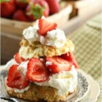 strawberry shortcake with fresh sliced strawberries, whipped cream on small white plate