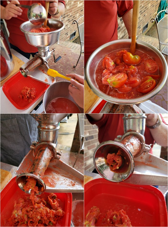 step images of tomato quarters going through a food mill on outdoor patio.