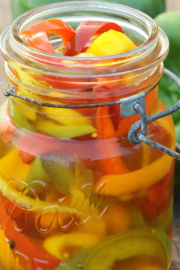 Close up of pickled peppers in vintage Mason jar.