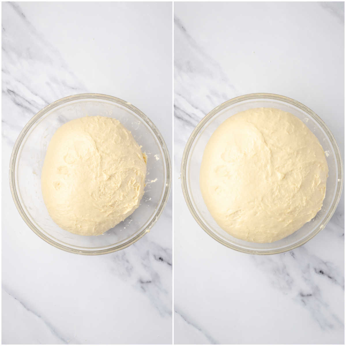 Dough rising in clear glass bowl on white marble.