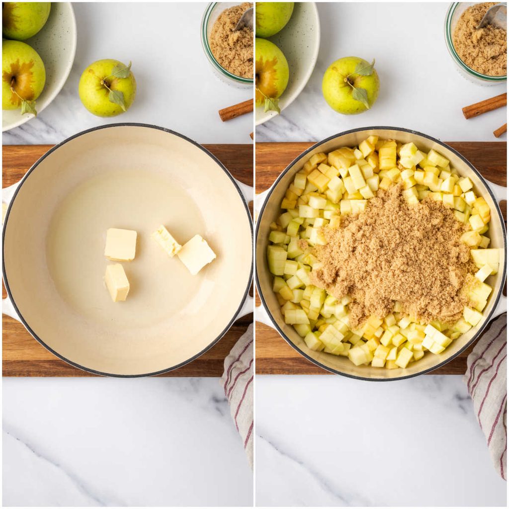 Making apple pie filling in white Dutch enamelware oven.