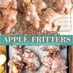 Apple fritters with glaze on baking rack.