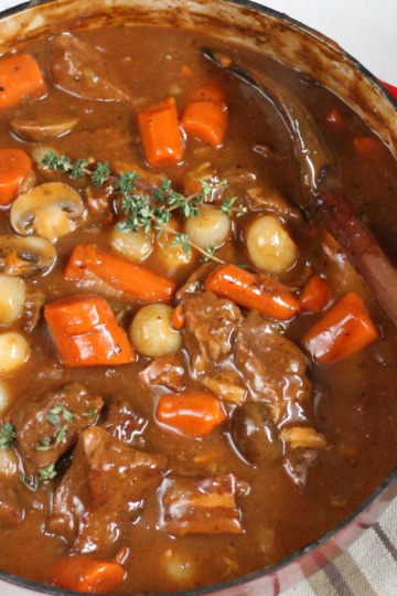 Close up of Beef Bourguignon in red Dutch oven.