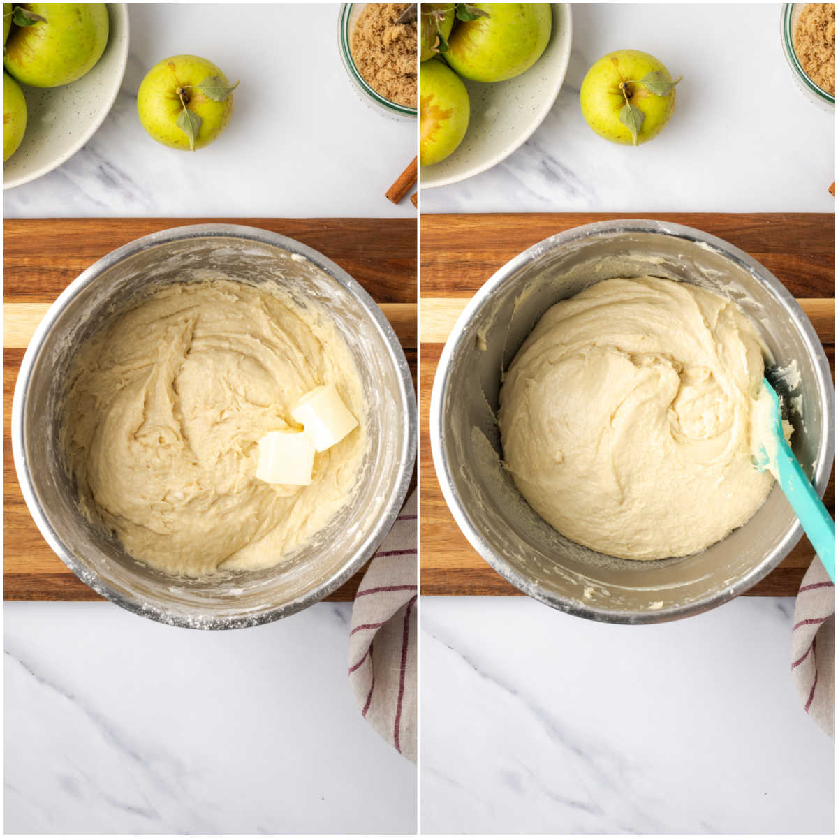 Making brioche dough in metal mixing bowl.