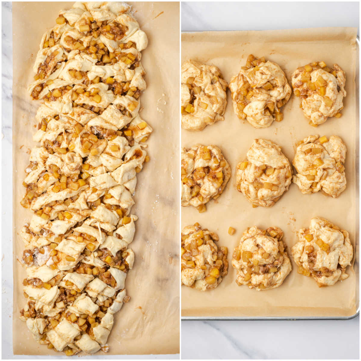 Step images shaping apple fritters on sheet pan.