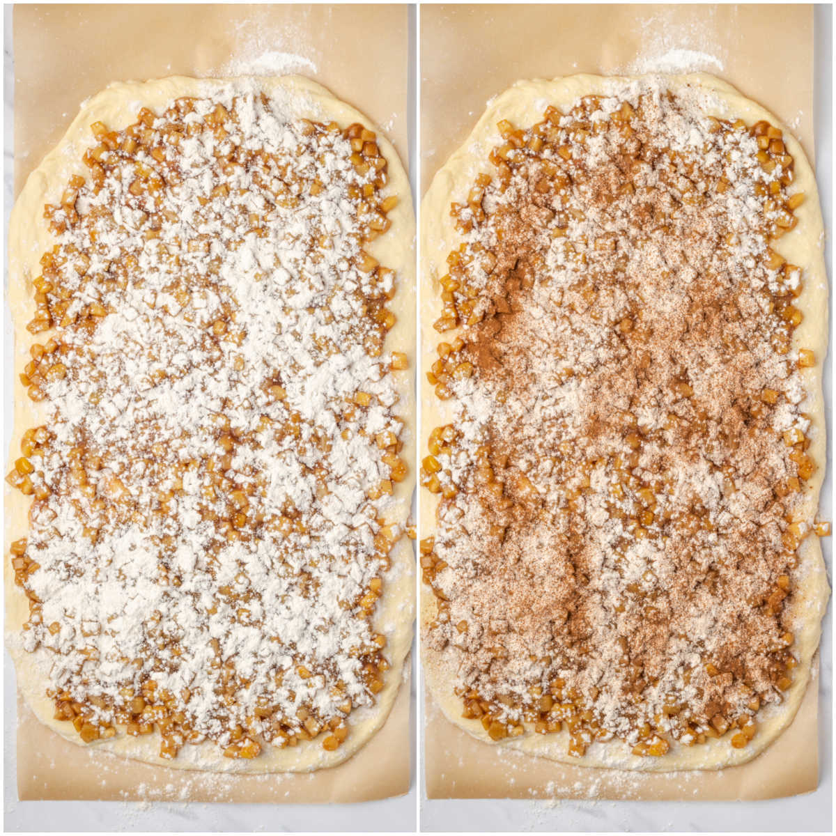 Step images, adding flour over pie filling to fritter dough.