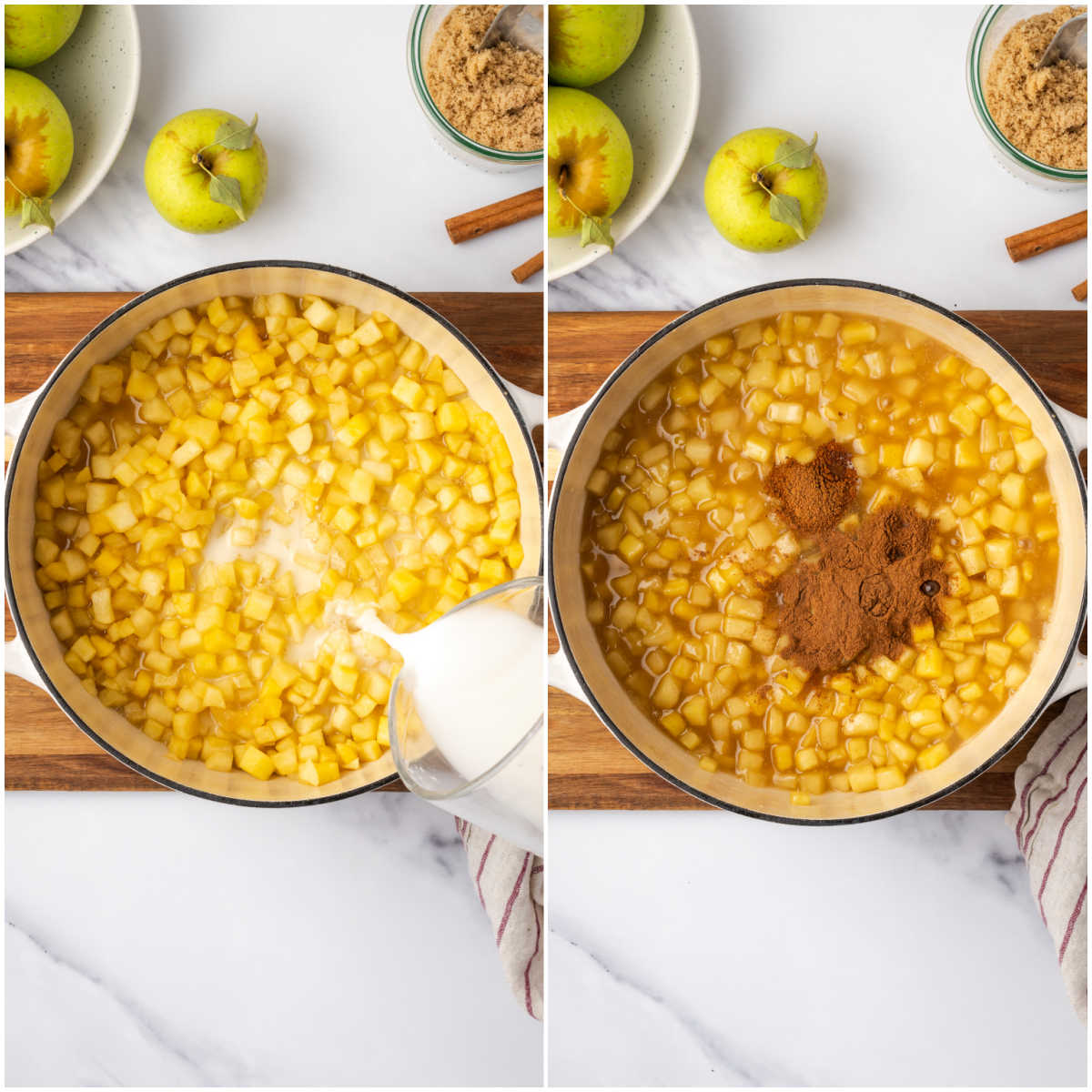 Adding cornstarch slurry to apple pieces in white enamelware Dutch oven.