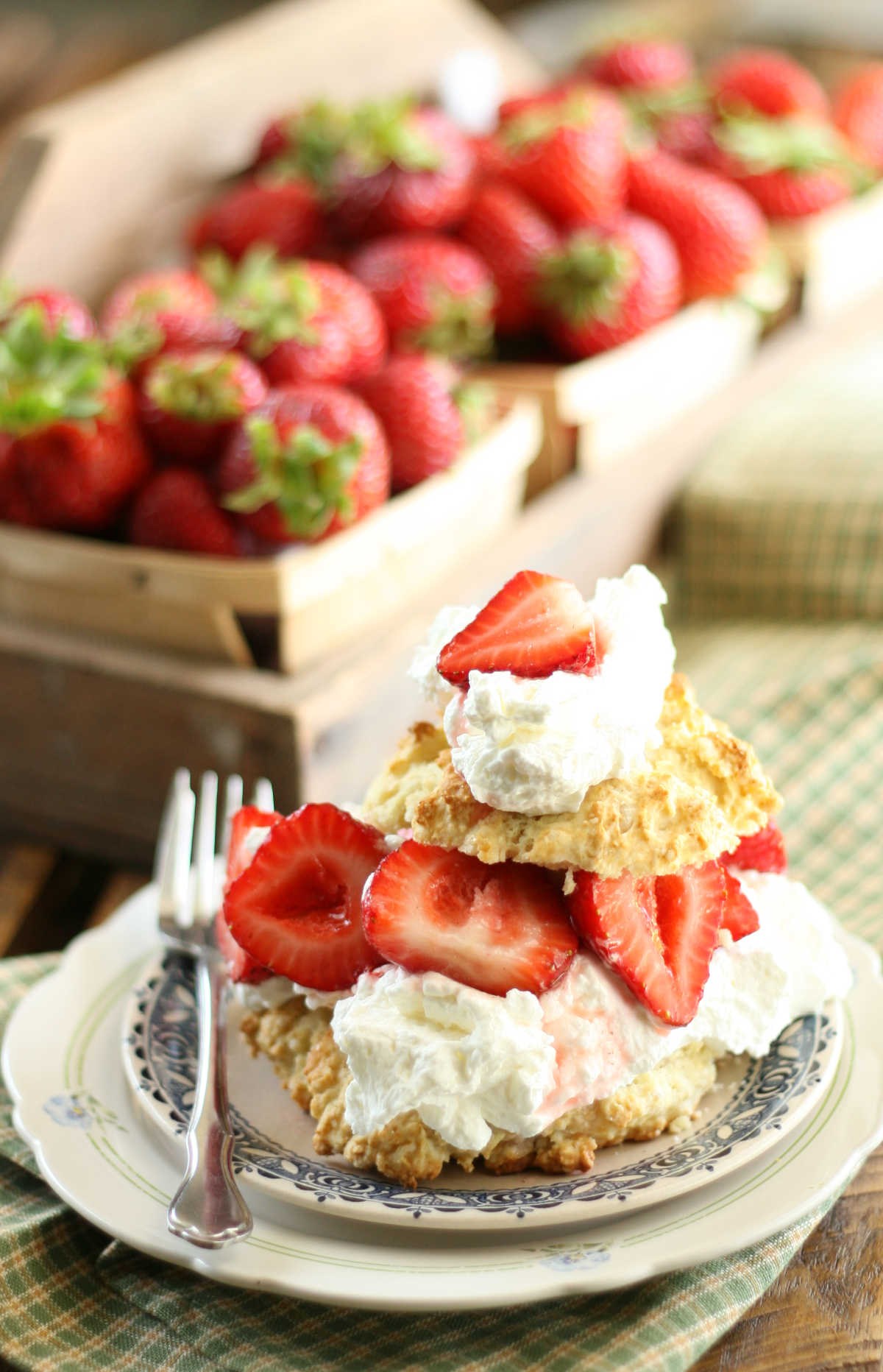 Close up of strawberry shortcake biscuit, fresh strawberries, whipped cream on small white plate.