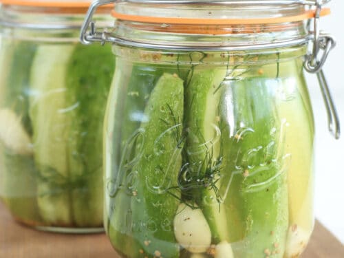 Glass jar with clasp lids and rubber seals filled with pickle spears on wooden cutting board.