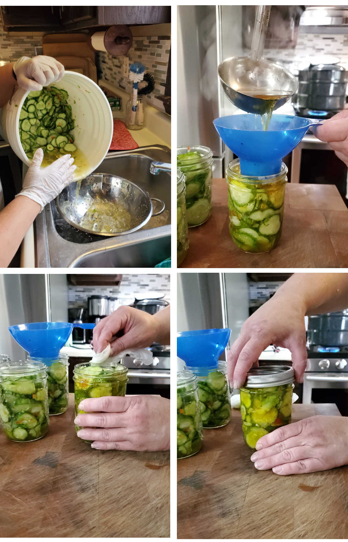 Steps on canning bread and butter pickles, placing in jars, wiping rims, putting on lids.