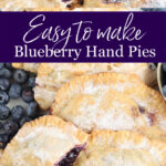 Blueberry hand pies on white marble, fresh blueberries around.
