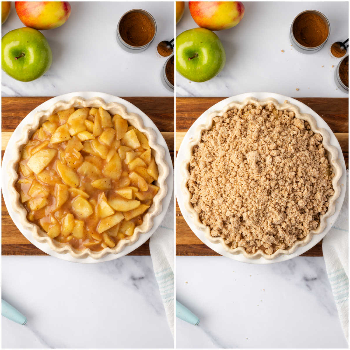 Step images adding crumb topping to apple pie in white ceramic pie dish.